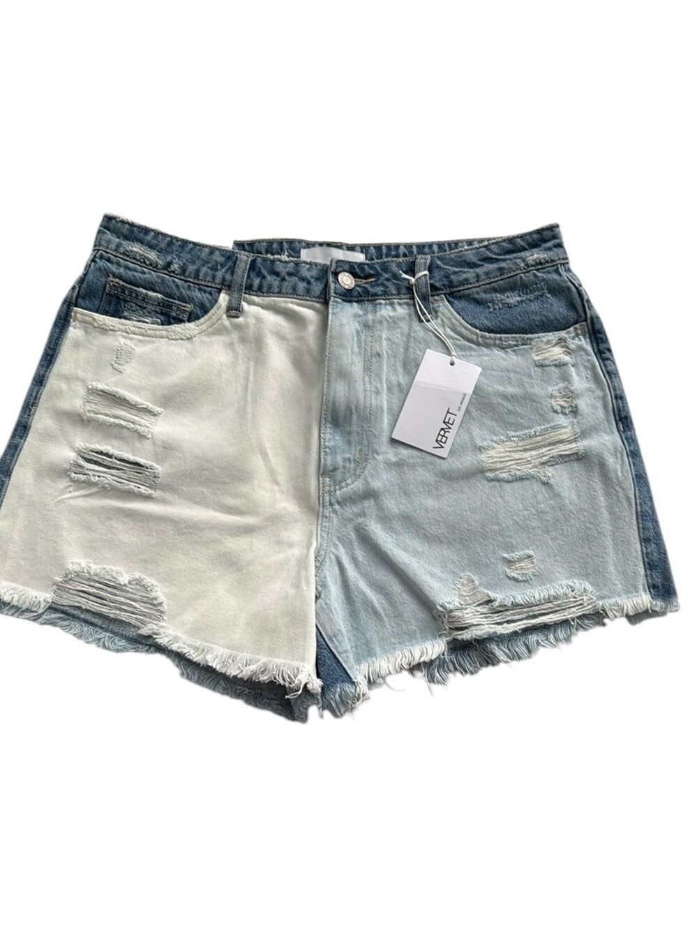 Vervet Rebecca High Rise Colorblock Distressed Jean Shorts Size XL NWT